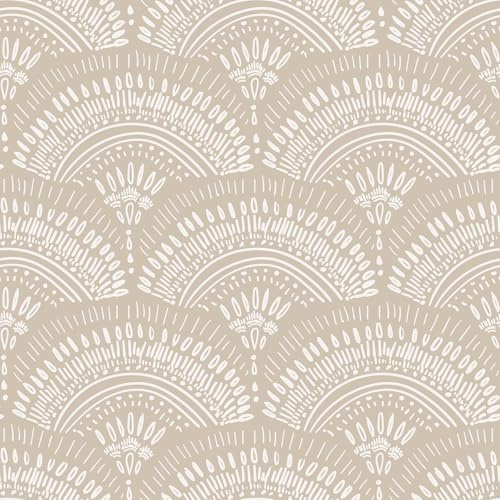 VEELIKE Beige Geometrische Tapete Boho Fototapete Selbstklebende Tapete Geometrische Muster Fächermuster Mustertapete Mieterfreundliche Tapeten Beige Möbelfolie küche Schlafzimmer 44.5cm × 300cm