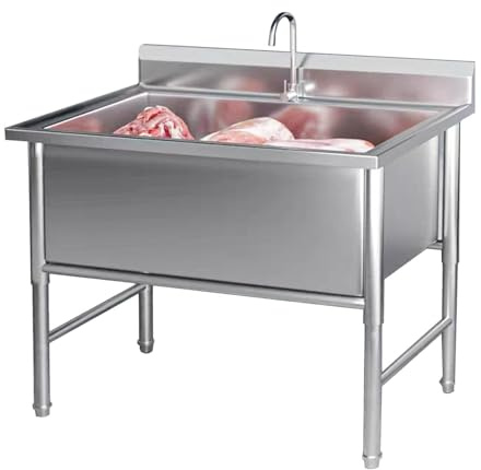 TINGMIAN Lavandino autoportante in acciaio inox con rubinetto, per garage, ristorante, cucina, lavanderia, all'aperto, industriale (100 x 60 x 80 cm)
