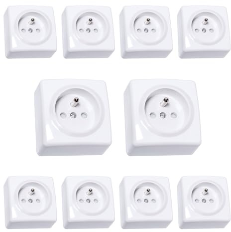 Lot de 10 Prises Apparentes 2P+T +S Blanches – Installation en saillie – Intensité 16A – Tension 250V – Puissance 3680W – Indice de Protection IP20 – Format Compact 63 x 62 x 41 mm.