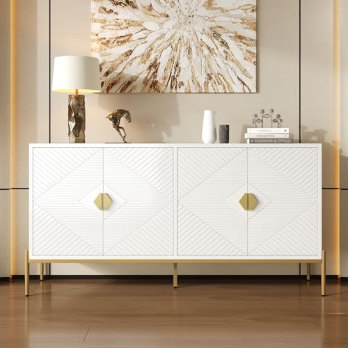 YEHTOKHOME Buffet Moderne avec 4 Portes et Espace de Rangement, Armoire de Rangement avec poignées dorées et Pieds métalliques,pour Salon,Salle à Manger et Chambre à Coucher (Blanc)