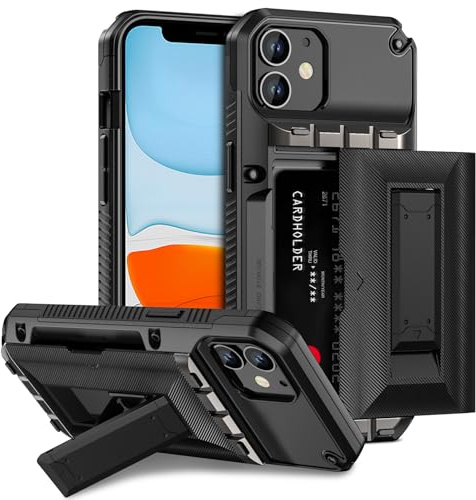 Aolcev for iPhone 11 Case with Card Holder [4 Cards] Stand Black | Heavy Duty Shockproof Protection,Dual Layer,Hard PC Soft TPU Bumper Card Slot Wallet Cases for iPhone 11 Phone Case