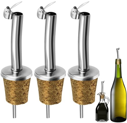 Lunhoo 3-Pack Oil Pourers Spout, Stainless Steel & Cork Bottle Pourer for Olive Oil, Wine, Liquor, Coffee Syrup and Vinegar Dispenser and Drizzler