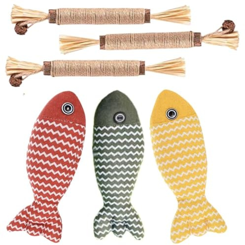 6 pezzi - Giocattoli all'erba gatta, giocattoli interattivi a forma di pesce gatto, bastoncini di erba gatta, adatti per giocare, masticare e mordere e aiutano nella cura dei denti del gatto (1)