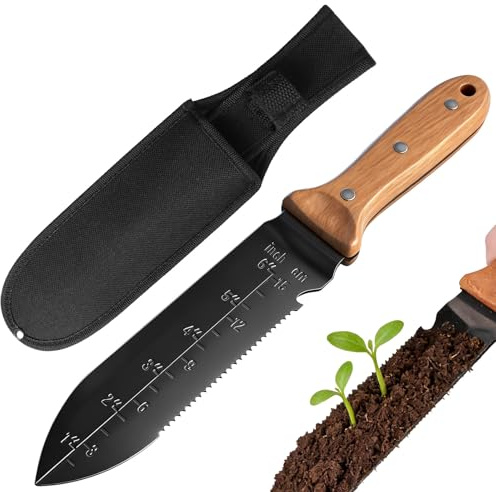 Necdeol Hori Hori Gartenmesser mit Segeltuchscheide, Mehrzweck Gartenmesser mit Edelstahlklinge, Professionelles Bodenmesser für Gartenarbeit, Jäten, Graben, Schneiden (Schwarz)