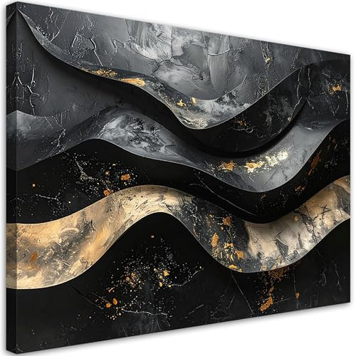 Feeby Bilder - Foto Geschenk - Abstrakt 3D-Wellen schwarz gold - 90x60 1tlg - Leinwandbilder Wohnzimmer - Wandbild über dem Bett - Bild Schlafzimmer - Aesthetic Zimmer Deko - Modern Pictures