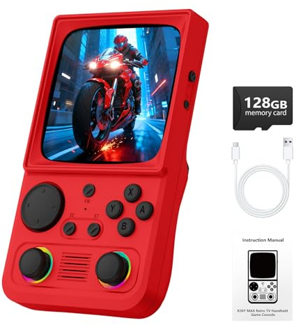 R36TMAX Retro-Handheld-Spielkonsole, Retro-Spielkonsole mit 4,0″ IPS-Bildschirm und über 22.000 klassischen Spielen, unterstützt WLAN-Multiplayer, 4000-mAh-Akku (Rot 128GB)