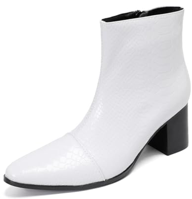 Yhsdfcn Stivaletti da Scena da Uomo in Vera Pelle Stile Moda - Stivali da Performance a metà Caviglia con Tacco Grosso, Stampa Serpente e Design Elegante,Bianca,41 EU