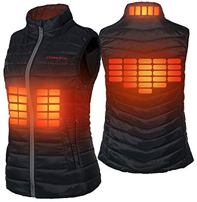 CONQUECO Gilet chauffant Femme, avec batterie de 10000 mAh, chargement USB, veste en duvet, vêtements pour l'extérieur (FR/ES, Alpha/lettres, TG, Taille normale, Taille normale, Noir (femme))