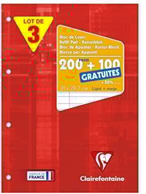 Clairefontaine 65818AMZC - Set mit 3 Kursusblöcken, 150 Blatt, 90g, liniert mit Rand, 4-fach gelocht, 1 Set, Rot