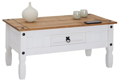 IDIMEX Table Basse Campo Table d'appoint rectangulaire en pin Massif Blanc et Brun avec 1 tiroir, Meuble de Salon Style Mexicain en Bois dim 95 x 45 x 50 cm