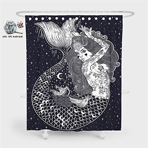 Enhome Anti-Schimmel & Wasserdicht Duschvorhang 3DWasserdichten Polyestergewebe Badezimmer Vorhang Gewebe 12 Duschvorhangringe (180 * 180cm,Tattoo Meerjungfrau)