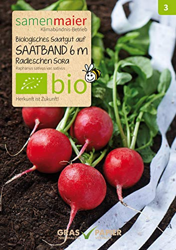 BIO Saatband Radieschen Sora - bleibt lange zart und fest - Raphanus sativus var. sativus - Aussaat März bis September - 6 m - Samen Maier