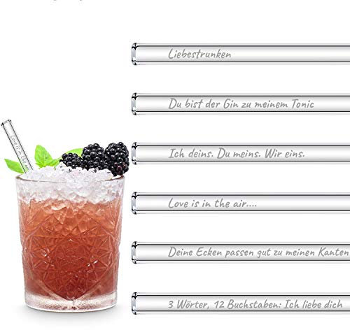 HALM Glas Strohhalme mit gravierten Liebe Sprüchen | 6 Stück 15cm mit Reinigungsbürste | Geschenk Freundin Mann für Jahrestag und Valentinstag | Liebesgeschenke für Männer und Frauen |