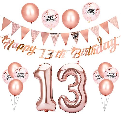 Beainfir 13th Birthday Decorations Set Include Rose Gold Happy 13th Birthday Banner,Triangle Flag Banner,Confetti Latex Balloons and Foil Balloons for Party Decoration Supplies for Girls and Boys