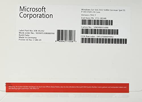 Microsoft Windows Server 2022 Std. x64 24Core [DE] DVD, P73-08348