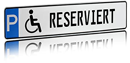 Individuelles Parkplatzschild 520x110mm mit P-Symbol aus Aluminium Wunschkennzeichen mit eigenem Text Wunschname für Parkplatz Schild (08 P - Behindertenparkplatz)