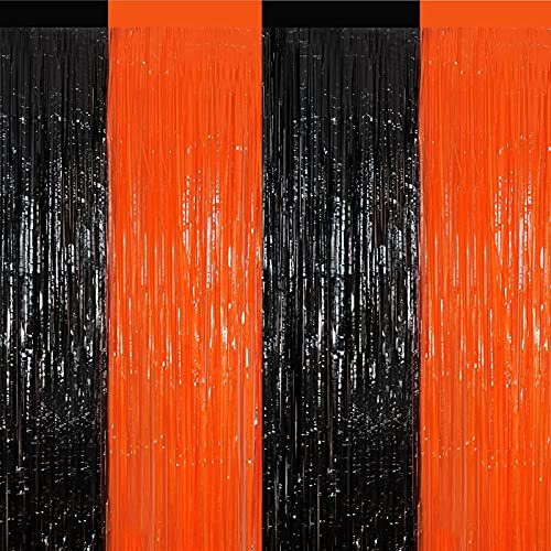 4 Stück Halloween Lametta Vorhang,Schwarz Orange Metallische Folie Fransen Vorhang Funkeln Vorhängen Dekoration für Halloween Deko Geburtstagsfeier Hintergrund Weihnachten Disco Party(1m x 2m)