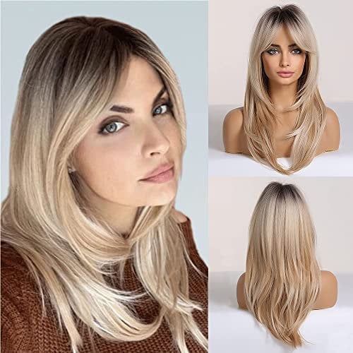 Blonde Perücken für Damen, synthetische lange, leicht gelockte, geschichtete Perücke mit Fransen. Natürliches Ombre-Blond mit dunklen Wurzeln für tägliches Tragen und auf einer Party