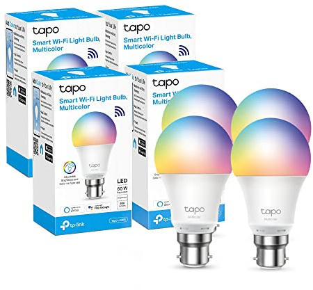 TP-Link Tapo Smart Bulb, Smart Wi-Fi, B22, 9 W, funktioniert mit Amazon Alexa (Echo und Echo Dot) und Google Home, Farbe veränderbar, kein Hub erforderlich, Tapo L530B (4 Stück) [Energieklasse F]