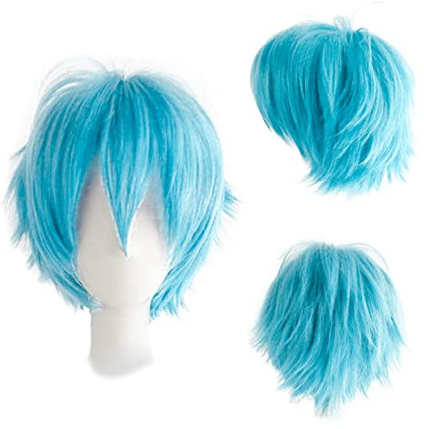 Gairyan Perücke Himmelblau Perücke Damen Unisex Anime Cosplay Wig Kurze Synthetische Perücke Frauen Herren Gerade Perücken Halloween Perücke Karneval Kostüm Themen Party Kostüm