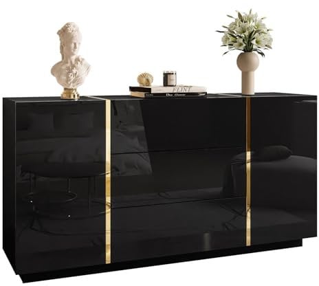 lukmebel Kommode Onyx Hochglanz Elegantes & Modernes Design Versteckte Ablagen Leicht Zu Reinigen Abrieb- Und Kratzfest Laminatplatte 158x413x81 cm Schwarz