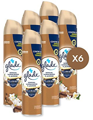 Glade Aérosol - Elimine Les Odeurs - Parfum Frais - Infusé Aux Huiles Essentielles - Sensual Sandalwood & Jasmine - 6 Aérosols