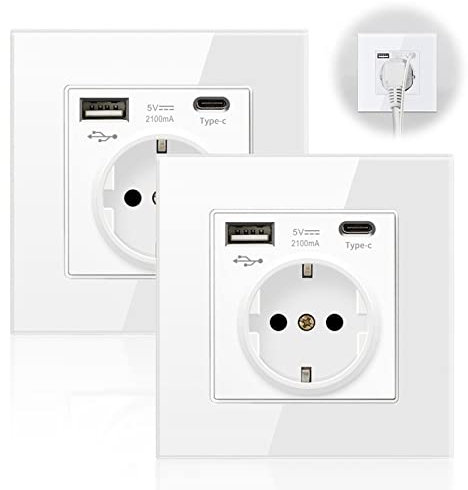 Enchufe de pared USB (Max. 3.1A) con Tipo C Port, 16Amp Enchufes Schuko de Cristal con Conector USB de Carga Rápida, 250V, para Smartphone MP3 Tablet, para Cocina, Dormitorio, Paquete de 2