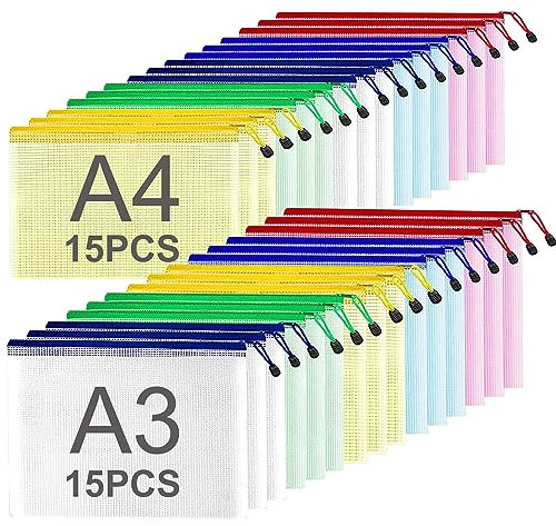 ASelected 30 Stücke Dokumententasche A3 A4 Reißverschluss, Wasserdichte Dokumententasche Reissverschluss, Mesh Kunststoff Reißverschlusstasche, Zipper Taschen für Datei, Dokumente, Reisezubehör