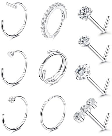 FIOROYAL 10 Stück 𝟏𝟒𝐊 𝐆𝐨𝐥𝐝 Gefüllte Nasenpiercing Chirurgenstahl 20G L Förmiger Nasenstecker für Frauen Männer Nasenring Piercing CZ Silber/Gold Nostril Piercing Schmuck Silber