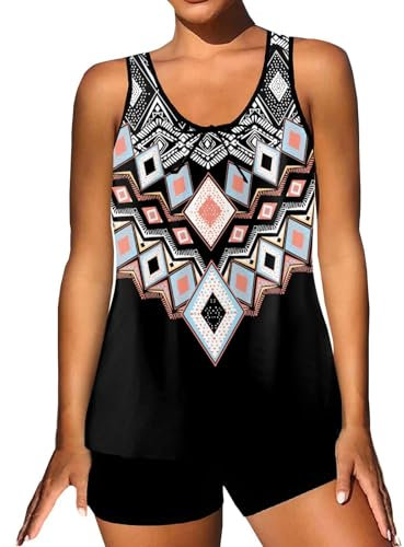 Maillot De Bain Femme Tankini Maillot De Bain pour Femmes Grande Taille Mode Imprimé HawaïEn Et Culotte Taille Haute Maillot Bain Maillots Deux PièCes pour Cacher Le Ventre(01Noir,5XL)