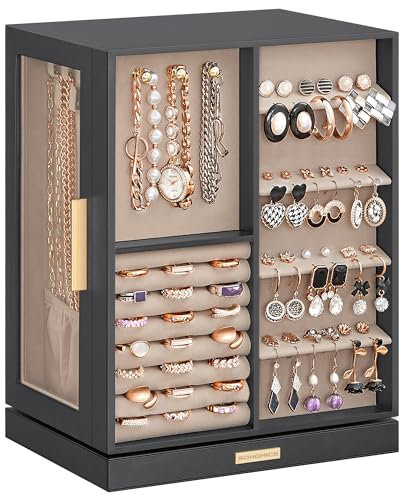 SONGMICS Schmuckkästchen 360° drehbar, Schmuckkasten 5 Schubladen, seitliche Glasfenster, geräumig, vertikale Schmuckaufbewahrung, offenes Design, Geschenkidee, schiefergrau JBC170G01