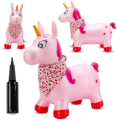 sun baby Animal Sauteur Gonflable, Jouet Enfant 1 an pour l'intérieur et l'extérieur, Design Ergonomique, Pompe Manuelle Incluse (Licorne Rose avec Corne dorée)