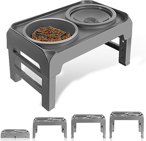 Gamelle Chien Surelevee, 4 Hauteurs Réglables en Hauteur avec Gamelle Anti-Glouto et Gamelle Eau Chien Anti éclaboussure, Gamelles pour Grands Petits Chiens Chat de Taille et Moyenne