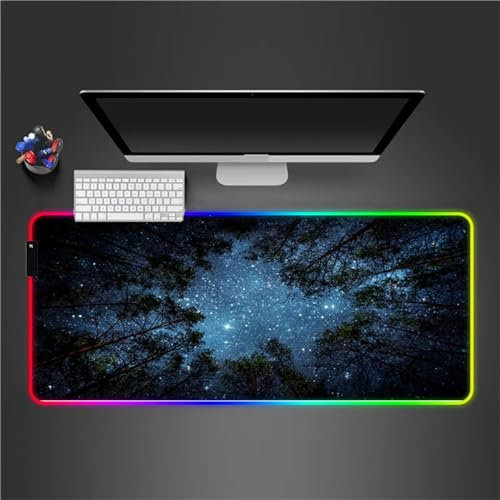 Tainrun RGB Gaming Mouse Pads Large LED Mouse Mat with 7 Colors and 14 Preset Lighting Effects Backlit Computer Keyboard Desk Mat 35.4x15.7x0.12 inch for Gamers Office Work (Forest Stars)