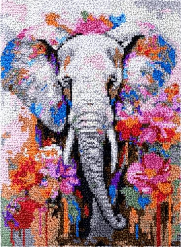 AMBATTERY Knüpfteppich Elefant Und Blumen Knüpfmatte Zum Selberknüpfen，Teppich Für Erwachsene Oder Anfänger，Knüpfteppich Mit Hakensets 35x46in