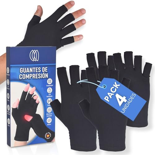 Podcase Pack de 4 Guantes para Artrosis y Artritis - Compresión para Mujer y Hombre - Reduce Inflamación - Sin Dedos para Manos - Válido para Trabajo, Gaming (Medium)