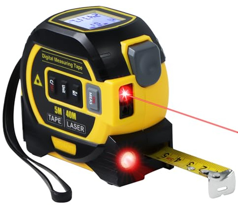 Laserbandmaß, 3-in-1 Digitales Laser-Entfernungsmesser mit LCD-Display & Selbstverriegelungsgerät, 40 m wiederaufladbares Lasermesswerkzeug & 5 m Maßband, Fläche/Volumen/Entfernung (gelb)