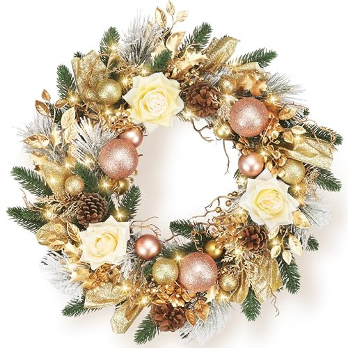 Perfnique Weihnachtskranz für Haustür mit Lichtern, Winterkranz für den Außenbereich, mit Champagner-Gold-Rose und Kugel-Ornamenten, künstlicher Kranz für Wand, Fenster, Kaminsims, Heimdekoration,