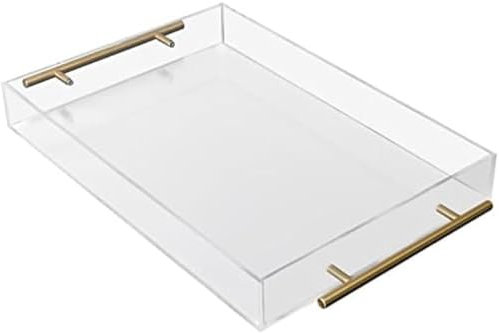 Bandeja para té o café, bebidas, desayuno y comida, bandeja de plástico acrílico transparente con asas doradas, 46 x 27,5 cm, organizador de mesa rectangular grande a prueba de derrames