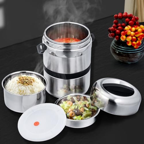 Greensen Térmica de Acero Inoxidable Contenedor Calentador Multicapa de 1,8 L con Asa Térmica Contenedor de Alimentos Aislado Contenedor de Alimentos para el Hogar, Oficina, Escuela, Al