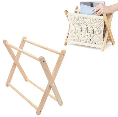 XHTLLO Makramee-Zeitungsständer, faltbarer, handgefertigter Zeitschriftenhalter aus Buchenholz, platzsparender Design-Dekor-Aufbewahrungskorb für Wohnzimmer, Schlafzimmer und