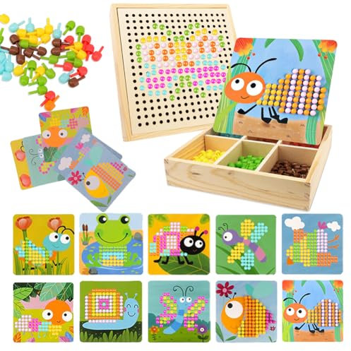 Yuragim Mosaik Steckspiel Spiele ab 2 3 4 5 Jahre, Holz Steckspiel Montessori Spielzeug mit 240 Steckperlen 10 Karten Kreatives Pädagogisches Lernspielzeug Geschenk für Kinder Mädchen Jungen