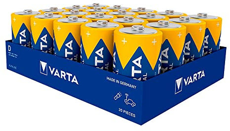 Confezione da 20 batterie D - LR20 industriali, dimensioni Ø34,2x61,5mm, perfette per dispositivi ad alta energia. Offrono potenza e durata. Assicura l'energia di cui hai bisogno!