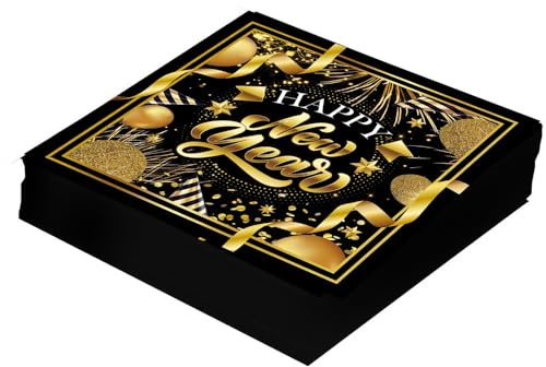 FIESTAS GUIRCA | 20 Happy New Year Servietten (16x16 cm) - Tischdekoration für Weihnachten, Neujahr und elegante Feiern - Ideal für Events und Zusammenkünfte - Schwarz, Gold