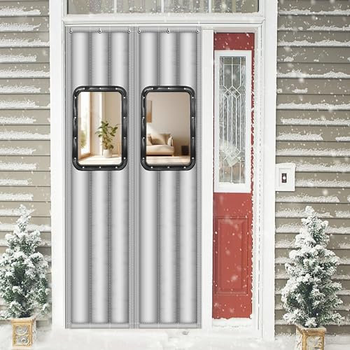 LKPMGOA Magnet Wärmeschutzvorhang für Türen, Wärmedämmung Vorhang im Winter mit Transparenten Fenstern, Füllung aus Dicker Baumwolle(Grey,W90CM*H210CM)