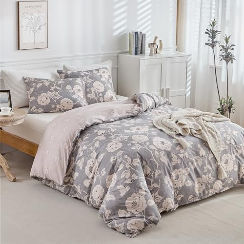 Lekesky Bettwäsche 220x240, Bettwäsche 3teilig Bettbezug, Pfingstrose Blumenmuster Bettwäsche Set 220x240 Mikrofaser mit Kopfkissenbezug mit Reißverschluss 80x80cm*2, Grau