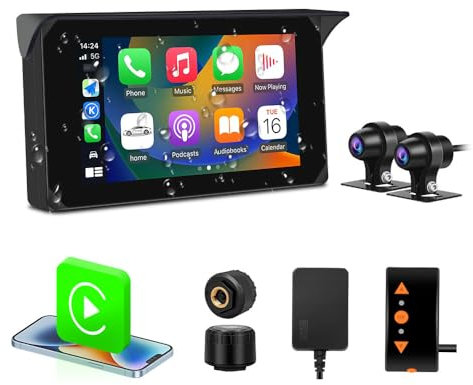 VSYSTO Caméra de Surveillance étanche pour Moto avec Support Carplay, écran Tactile HD 5 Pouces, caméras Avant et arrière HD1080P (IMX307), Bluetooth, Navigation, Siri, WiFi, TPMS