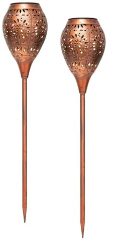 IC Gardenworld 2 Stück LED Solarleuchten aus Metall in Kupfer-Vintage Optik, ca. 75 cm hoch, Gartenfackel mit warm-weißer Beleuchtung