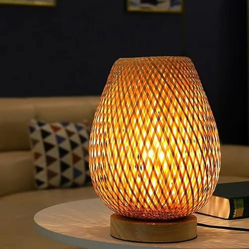 Mengjay Bambou Tressé Lampe De Chevet,Lampe De Bureau Abat-Jour en Rotin Design,Éclairage de Table,Veilleuse avec Base en Bois pour Chambre Salon Bureau Luminaires intérieur