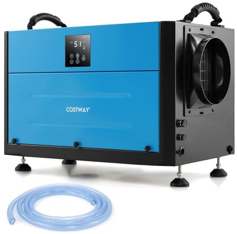 COSTWAY Commercial Dehumidifier, Industrial Compressor Dehumidifiers with Auto/Continuously Dry/Sleep Mode, 24H Timer, Auto Defrost, Memory Starting, LED Display & Drain Hose (Blue, 70L/Day)